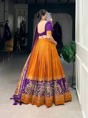 Mustard Navaratri Special Tussar Silk Patola Printed Lehenga with unstitched Blouse 4