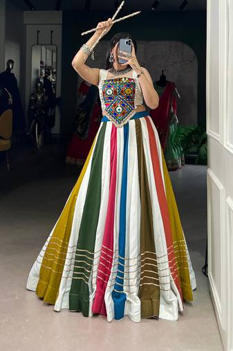 Navaratri Special Pure Rayon Gota Patti Lace Touch Up Lehenga with Mirror & Cowrie work Stitched Choli