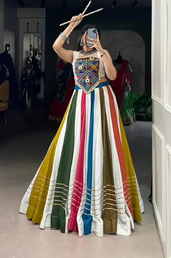 Navaratri Special Pure Rayon Gota Patti Lace Touch Up Lehenga with Mirror & Cowrie work Stitched Choli