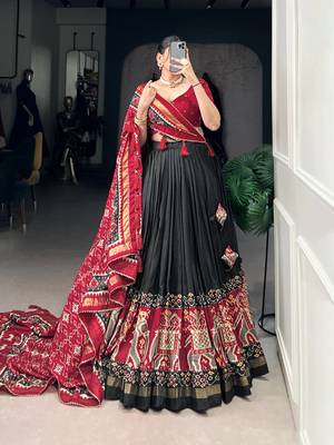 Black Navaratri Special Tussar Silk Patola Printed Lehenga with unstitched Blouse 1