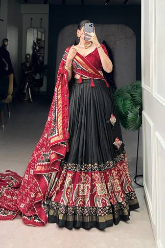 Black Navaratri Special Tussar Silk Patola Printed Lehenga with unstitched Blouse