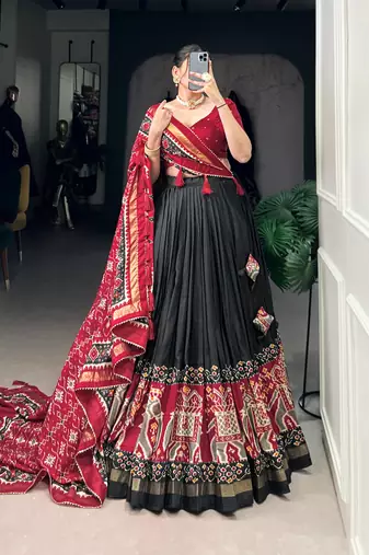 Black Navaratri Special Tussar Silk Patola Printed Lehenga with unstitched Blouse