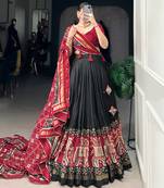 Black Navaratri Special Tussar Silk Patola Printed Lehenga with unstitched Blouse