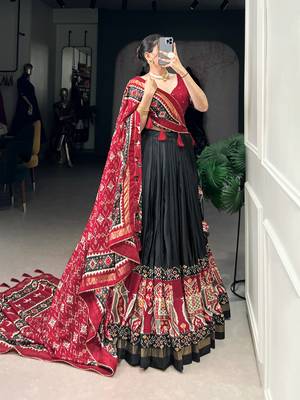 Black Navaratri Special Tussar Silk Patola Printed Lehenga with unstitched Blouse 2