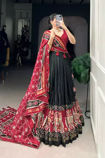 Black Navaratri Special Tussar Silk Patola Printed Lehenga with unstitched Blouse