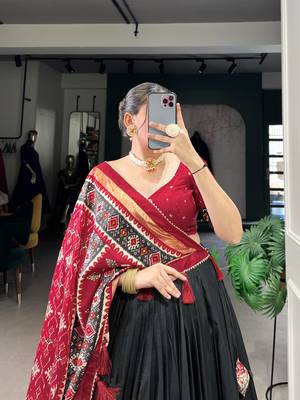 Black Navaratri Special Tussar Silk Patola Printed Lehenga with unstitched Blouse 3