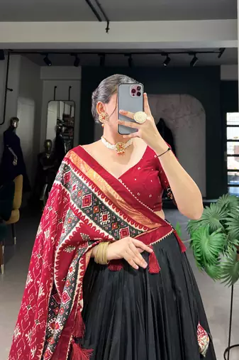 Black Navaratri Special Tussar Silk Patola Printed Lehenga with unstitched Blouse