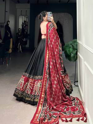 Black Navaratri Special Tussar Silk Patola Printed Lehenga with unstitched Blouse 4