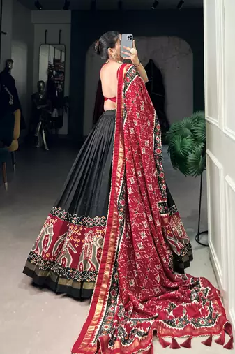 Black Navaratri Special Tussar Silk Patola Printed Lehenga with unstitched Blouse