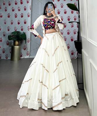 White Navaratri Special Pure Rayon Sequence Lace work Lehenga with Mirror work Stitched Choli 1