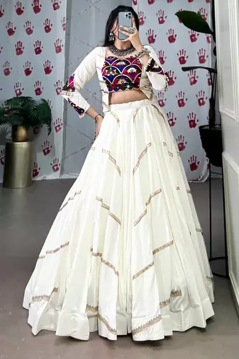 White Navaratri Special Pure Rayon Sequence Lace work Lehenga with Mirror work Stitched Choli
