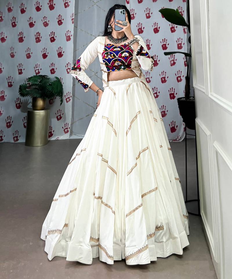 White Navaratri Special Pure Rayon Sequence Lace work Lehenga with Mirror work Stitched Choli