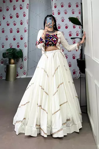 White Navaratri Special Pure Rayon Sequence Lace work Lehenga with Mirror work Stitched Choli