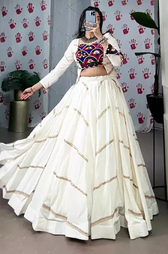 White Navaratri Special Pure Rayon Sequence Lace work Lehenga with Mirror work Stitched Choli