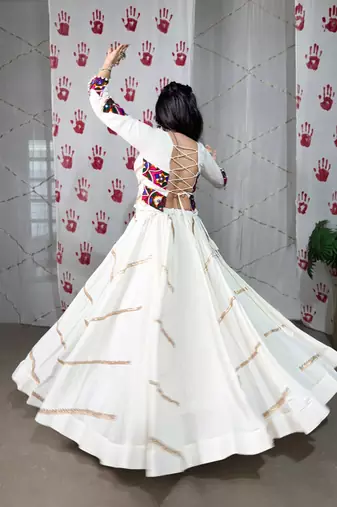 White Navaratri Special Pure Rayon Sequence Lace work Lehenga with Mirror work Stitched Choli