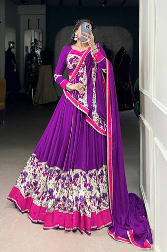 Purple Navaratri Special Pure Rayon Printed & Mirror Hand work Lehenga with Stitched Choli