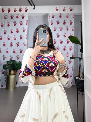 White Navaratri Special Pure Rayon Sequence Lace work Lehenga with Mirror work Stitched Choli 5