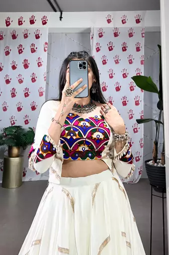 White Navaratri Special Pure Rayon Sequence Lace work Lehenga with Mirror work Stitched Choli