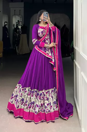 Purple Navaratri Special Pure Rayon Printed & Mirror Hand work Lehenga with Stitched Choli