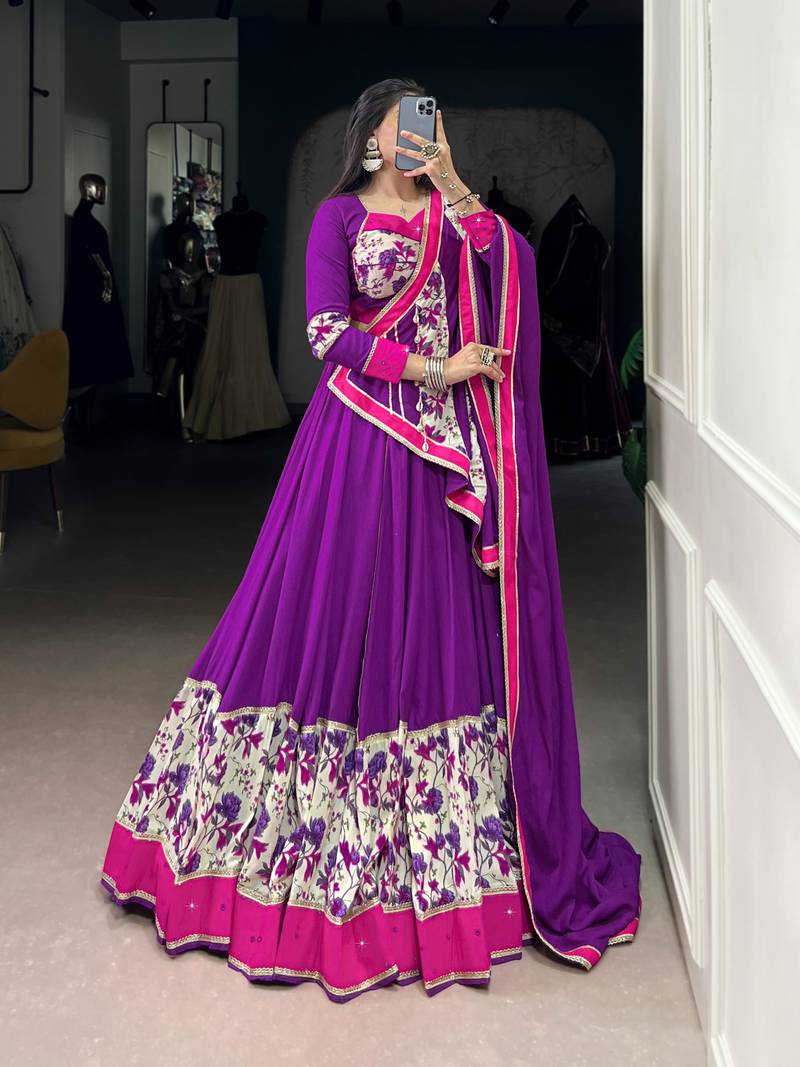 Purple Navaratri Special Pure Rayon Printed & Mirror Hand work Lehenga with Stitched Choli