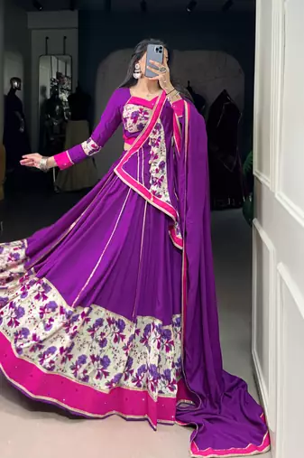 Purple Navaratri Special Pure Rayon Printed & Mirror Hand work Lehenga with Stitched Choli