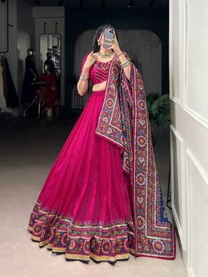 Pink Navaratri Special Gamthi Print With Gotta Patti Lace Touch Up Lehenga with Stitched Blouse 1