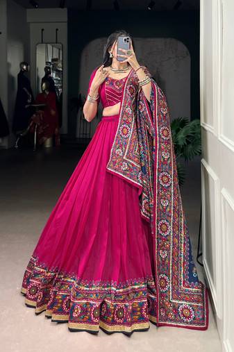 Pink Navaratri Special Gamthi Print With Gotta Patti Lace Touch Up Lehenga with Stitched Blouse