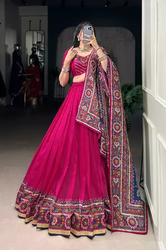 Pink Navaratri Special Gamthi Print With Gotta Patti Lace Touch Up Lehenga with Stitched Blouse