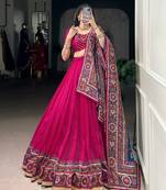 Pink Navaratri Special Gamthi Print With Gotta Patti Lace Touch Up Lehenga with Stitched Blouse