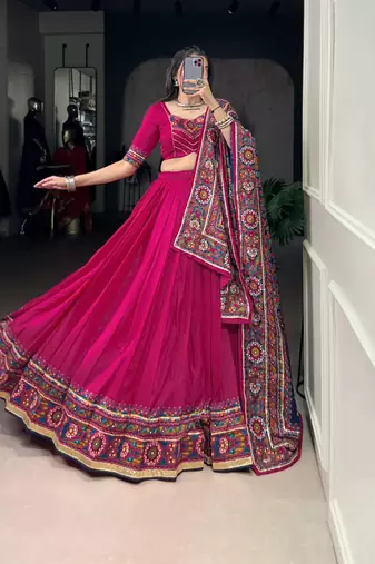 Pink Navaratri Special Gamthi Print With Gotta Patti Lace Touch Up Lehenga with Stitched Blouse