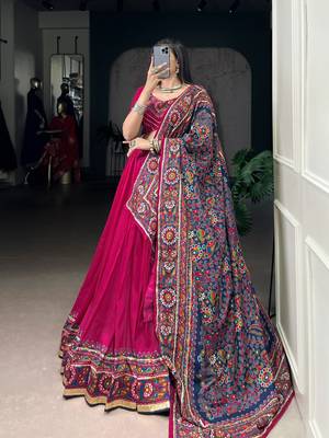 Pink Navaratri Special Gamthi Print With Gotta Patti Lace Touch Up Lehenga with Stitched Blouse 3