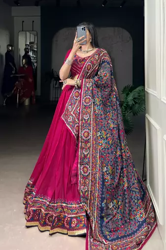 Pink Navaratri Special Gamthi Print With Gotta Patti Lace Touch Up Lehenga with Stitched Blouse