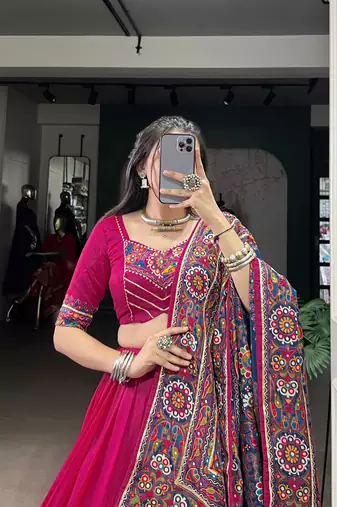 Pink Navaratri Special Gamthi Print With Gotta Patti Lace Touch Up Lehenga with Stitched Blouse