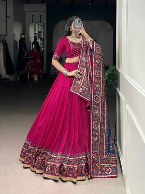 Pink Navaratri Special Gamthi Print With Gotta Patti Lace Touch Up Lehenga with Stitched Blouse 5