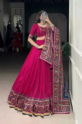 Pink Navaratri Special Gamthi Print With Gotta Patti Lace Touch Up Lehenga with Stitched Blouse