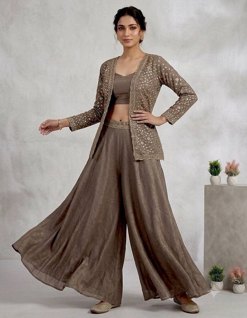 Coffee brown chinon palazzo set with embroidered koti & blouse