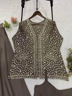 Coffee brown chinon palazzo set with embroidered koti & blouse 2