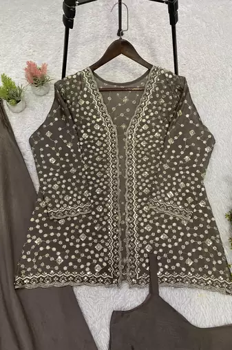 Coffee brown chinon palazzo set with embroidered koti & blouse