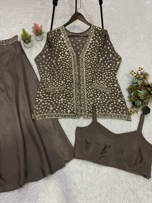 Coffee brown chinon palazzo set with embroidered koti & blouse 3
