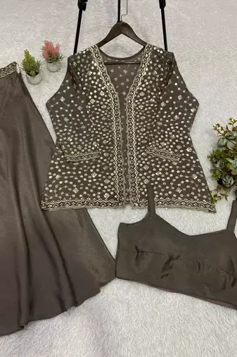 Coffee brown chinon palazzo set with embroidered koti & blouse
