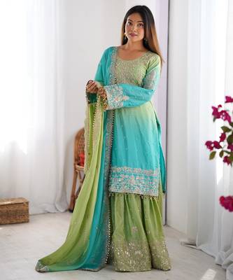 Aqua blue & pista green chinon silk palazzo suit with embroidered dupatta 1