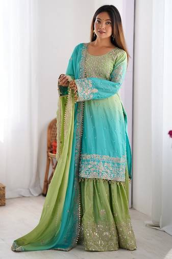 Aqua blue & pista green chinon silk palazzo suit with embroidered dupatta
