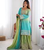 Aqua blue & pista green chinon silk palazzo suit with embroidered dupatta
