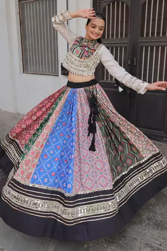 Cotton Printed with Gota-Patti & Real Mirror Lace work Lehenga with Stitched Choli