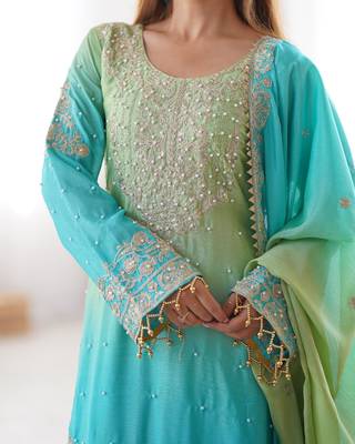 Aqua blue & pista green chinon silk palazzo suit with embroidered dupatta 3