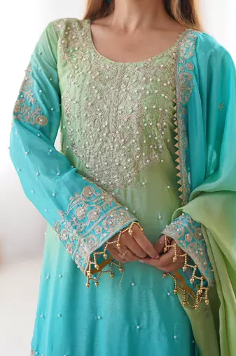Aqua blue & pista green chinon silk palazzo suit with embroidered dupatta
