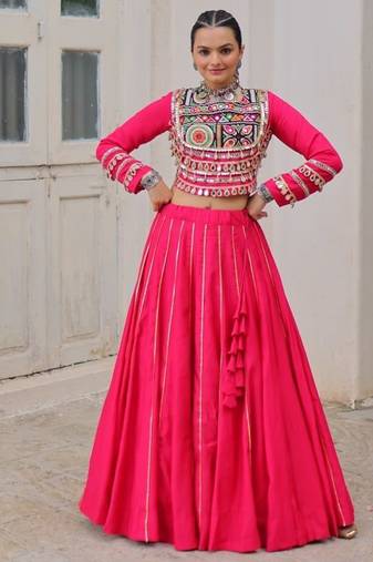 Pink Navaratri Special Gota Patti Work Lehenga with Gamthi Mirror Patch & Cowrie Lace work Choli