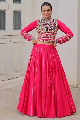 Pink Navaratri Special Gota Patti Work Lehenga with Gamthi Mirror Patch & Cowrie Lace work Choli
