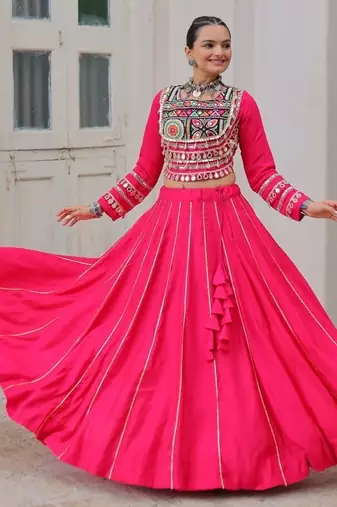 Pink Navaratri Special Gota Patti Work Lehenga with Gamthi Mirror Patch & Cowrie Lace work Choli