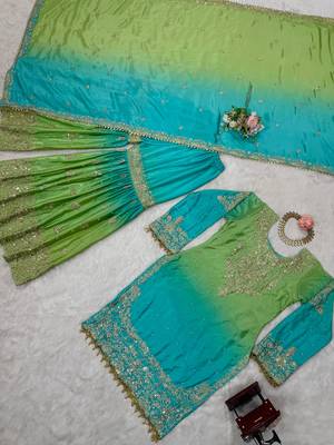 Aqua blue & pista green chinon silk palazzo suit with embroidered dupatta 4
